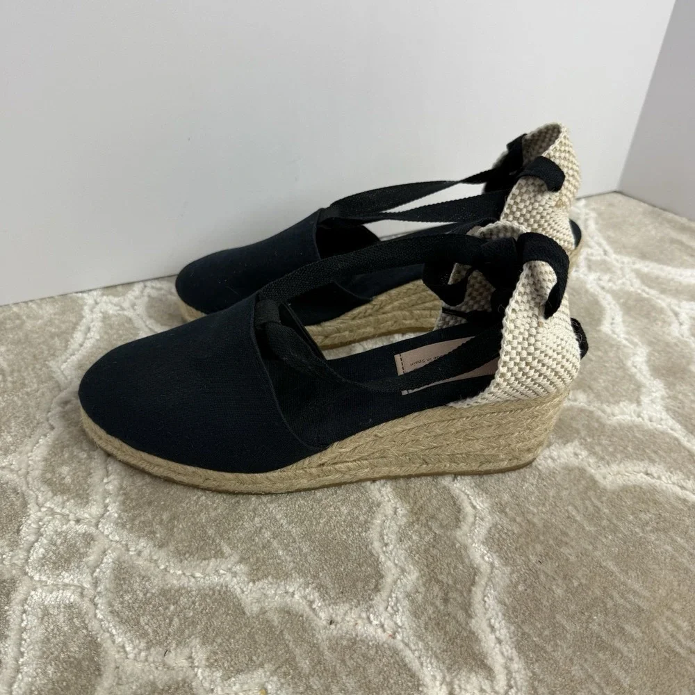 Gaino Black Ankle Tie Wedge Shoes Women's Size 40 (US 10) Made In Spain EUC